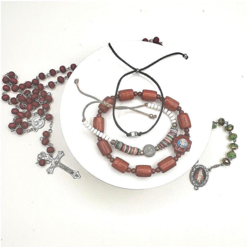 Vintage 90s Wooden Beaded Cross Necklace & Bracelets Set INRI Religious Jewelry